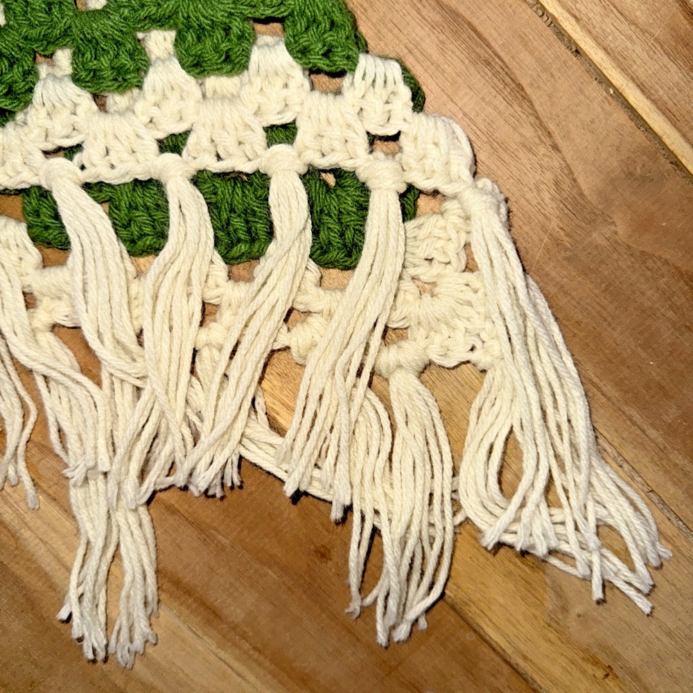 Vtg GROOVY 70s Crochet Granny Square Poncho - Green Cream Fringe | Handmade Boho - Picture 9 of 11